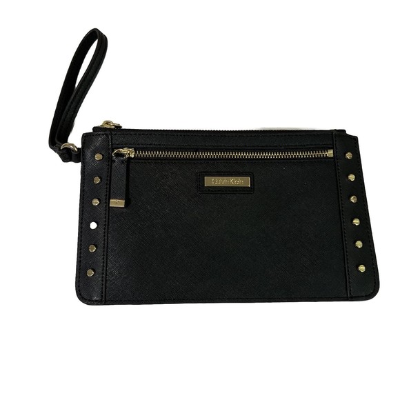 Calvin Klein Leather Studded Clutch Wristlet Handbag Black Gold Lined H3GG11WA - Picture 5 of 17